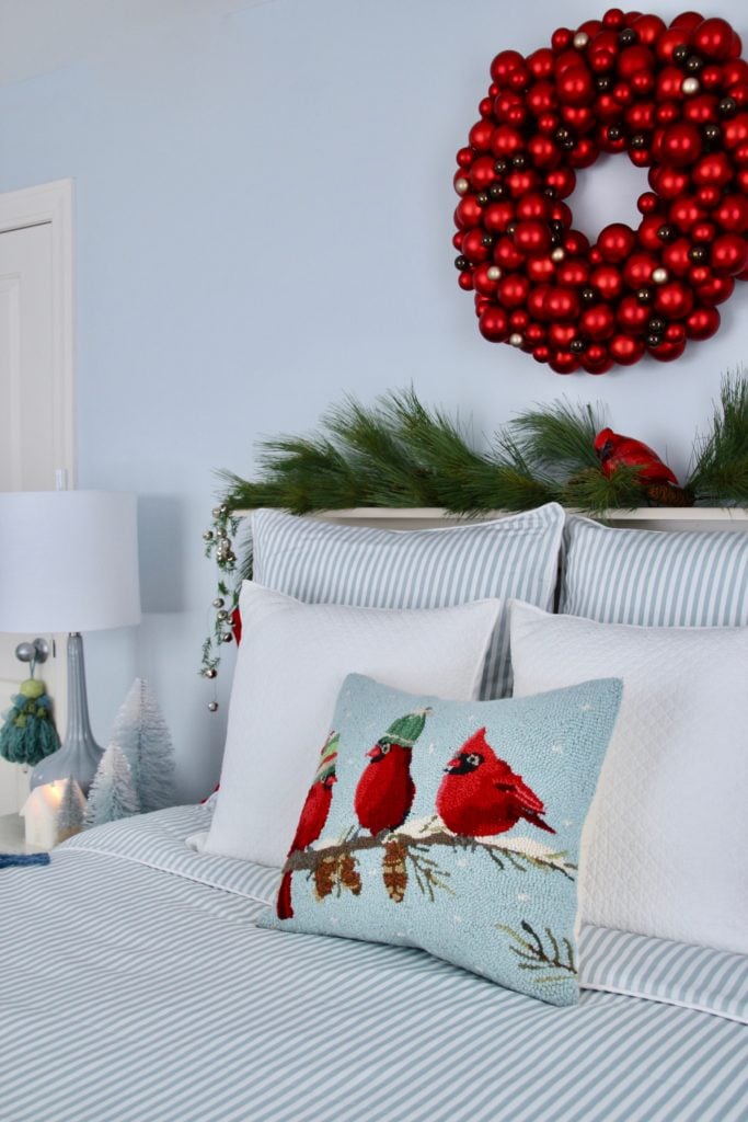 , luxury gift baskets, christmas decorating ideas, bedroom decor, plaid ottoman, needlepoint pillows, cardinal pillows