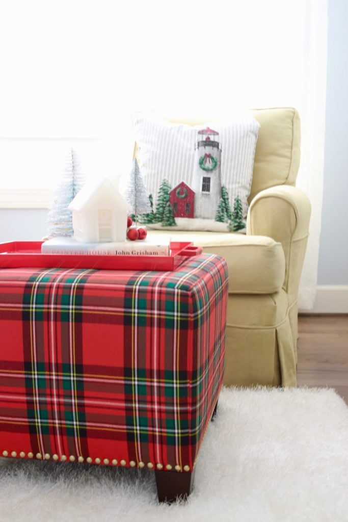 , luxury gift baskets, christmas decorating ideas, bedroom decor, plaid ottoman, tartan plaid furniture 