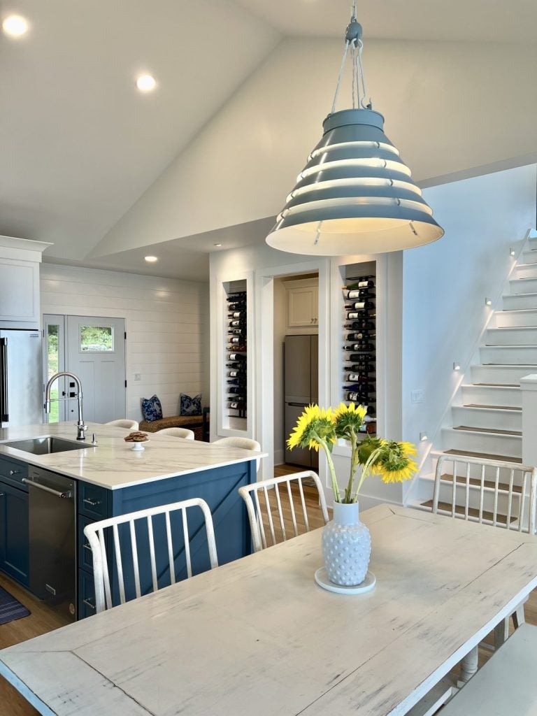 Progress Lighting Everlume LED recessed canless downlights in a vaulted kitchen ceiling.