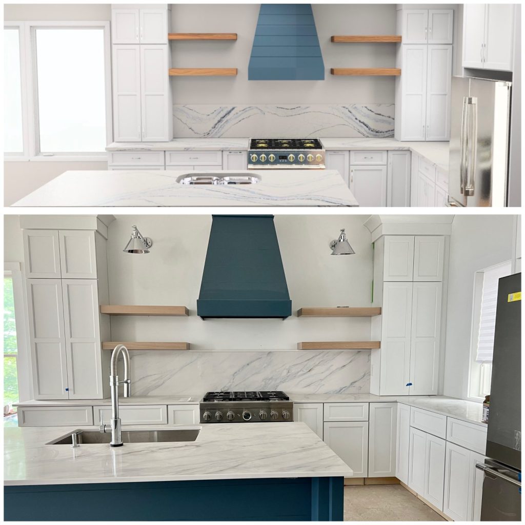 From rendition to reality. A schematic drawing of the lake house kitchen and the kitchen after completion. 