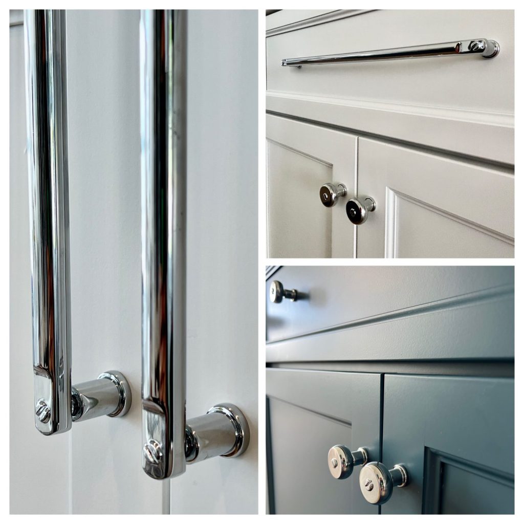 Close-up of Meme Hill Studio’s lakefront kitchen featuring Atlas Homewares Everitt Collection polished chrome cabinet pulls on white cabinetry
