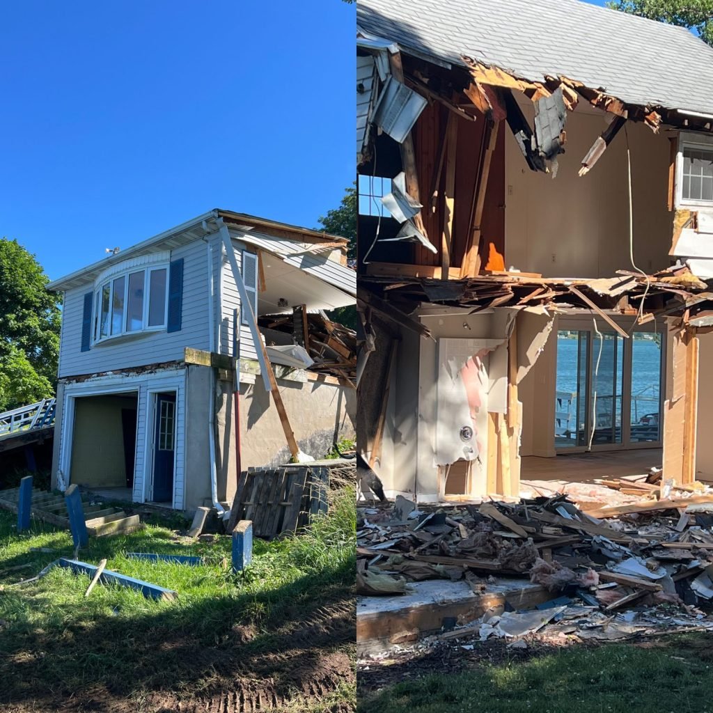 a collage of images of a home being torn down midway thru you see half of the house demolished and half standing