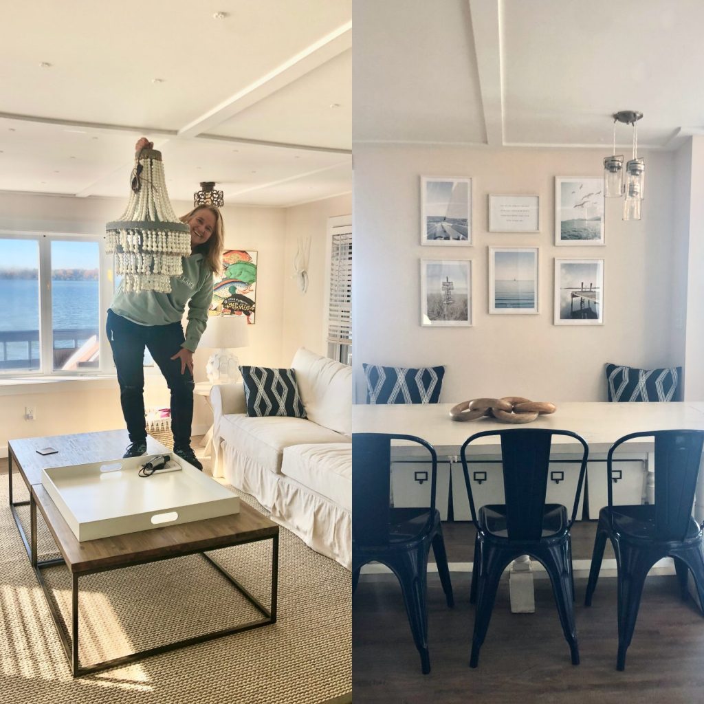 A COLLAGE OF AMIE IN THE INTERIOR OF THE COTTAGE HOLDING A CHANDELiER AND a dining area with navy blue chairs