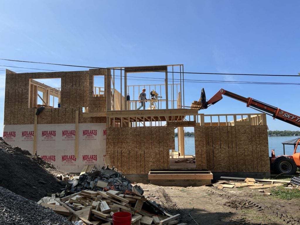 framing of a year round home on Cayuga Lake. The home is just getting plywood and a second floor 