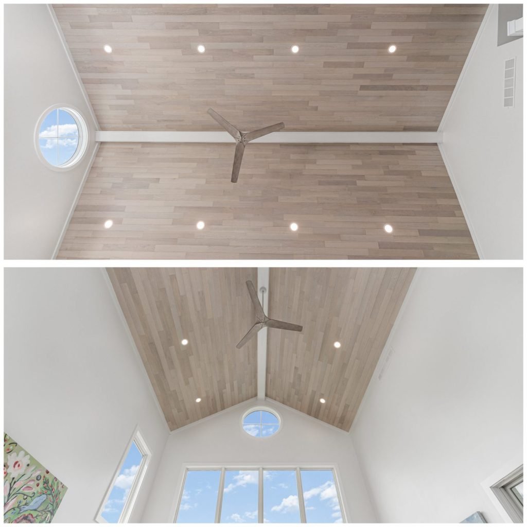 “Close-up of Havwoods International Alabastro HW16404 European Oak planks made in Europe, used for ceiling installation.”
