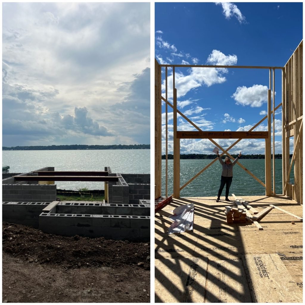 “Side-by-side images of new lake house construction. The first shows concrete foundation near Cayuga Lake, and the second shows framing progress with designer standing in future great room that will feature the Havwoods Alabastro European Oak Ceiling.”