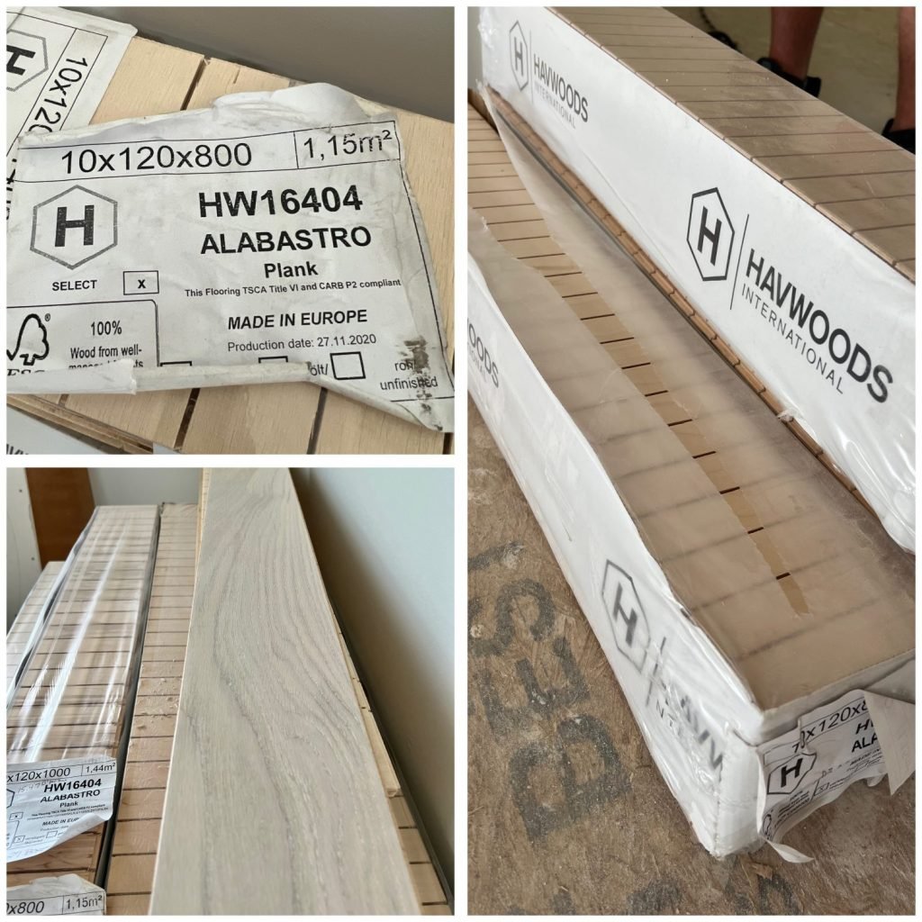 “Close-up of Havwoods International Alabastro HW16404 European Oak planks made in Europe, used for ceiling installation.”