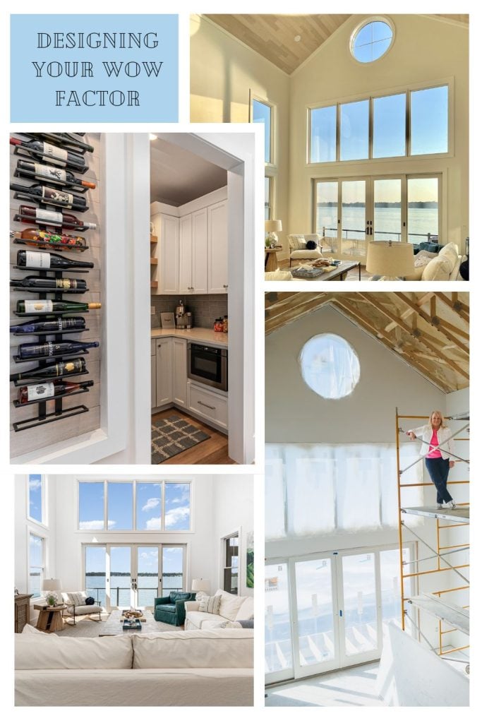 a collage of the interior of a lake house with big windows and light streaming in.