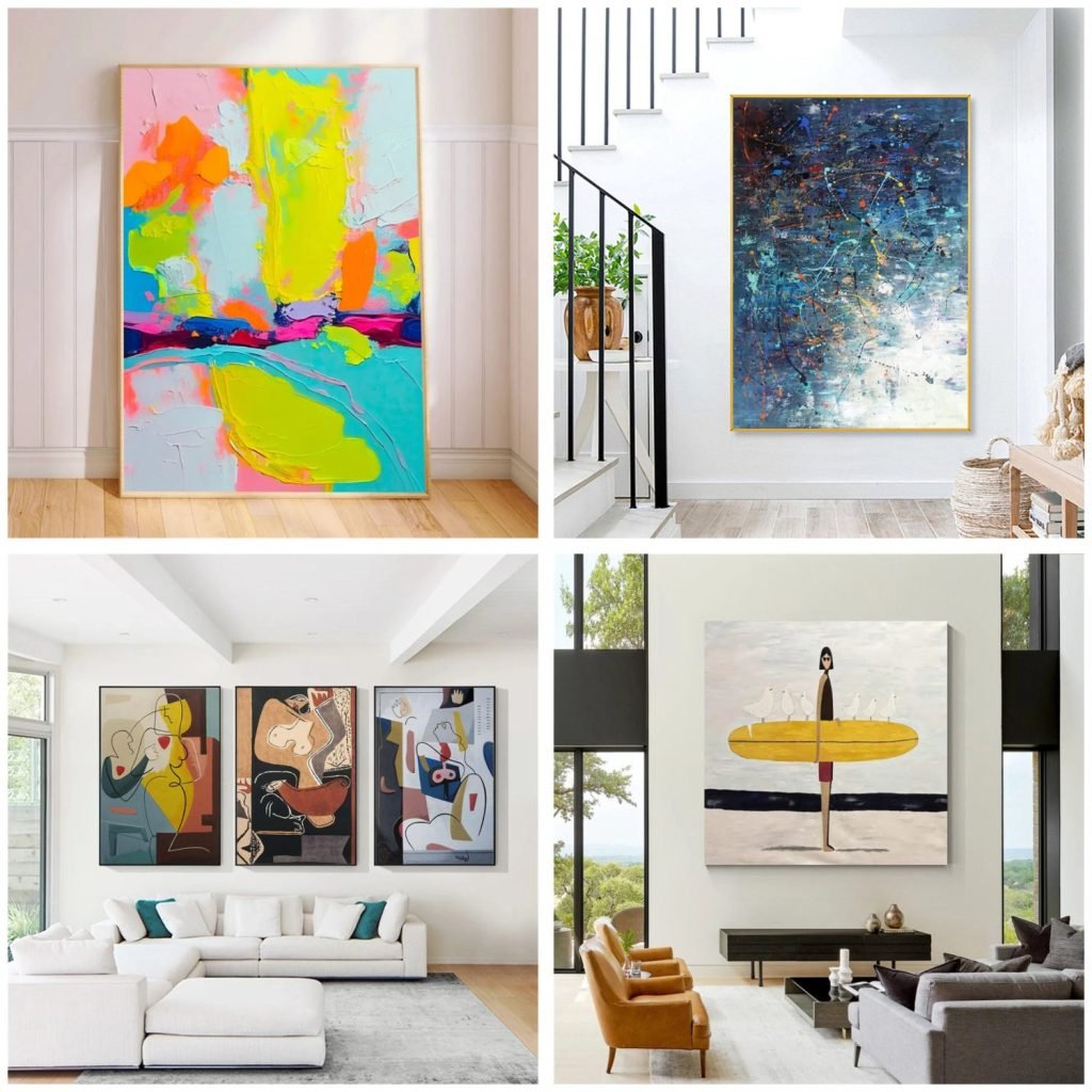 Collage of affordable hand-painted art from Vinchy Art displayed in modern interiors, featuring neon abstract art, a blue textured painting, cubist portraits, and a figurative piece with a woman holding a yellow surfboard.
