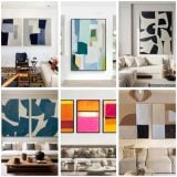 Collage of affordable hand-painted art from Vinchy Art shown in modern living rooms, including abstract shapes, bold colors, and textured canvas pieces.