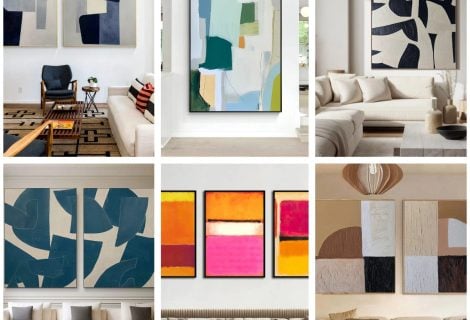 Collage of affordable hand-painted art from Vinchy Art shown in modern living rooms, including abstract shapes, bold colors, and textured canvas pieces.