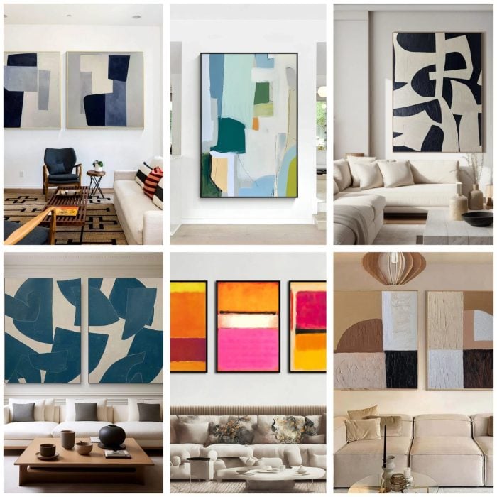 Collage of affordable hand-painted art from Vinchy Art shown in modern living rooms, including abstract shapes, bold colors, and textured canvas pieces.