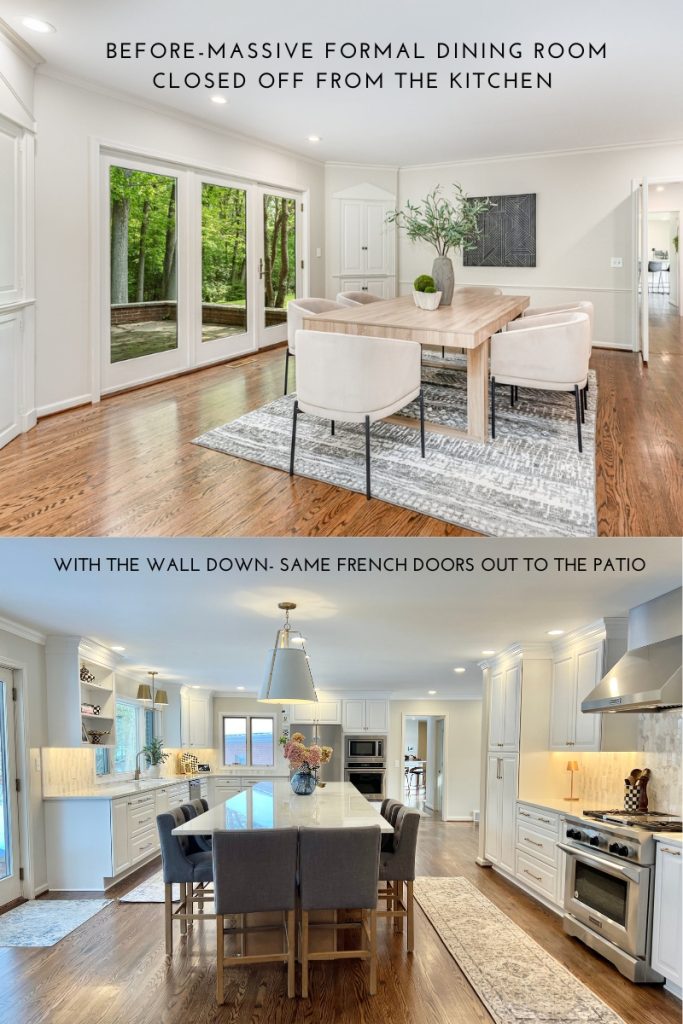 Before and after kitchen remodel showing a closed-off formal dining room transformed into an open-concept kitchen with a large quartz island, white shaker cabinets, stainless steel appliances, champagne bronze lighting, and refinished hardwood floors after removing the wall between the kitchen and dining room.