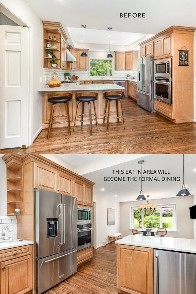 Before photo of a traditional kitchen with warm wood cabinets, stainless steel appliances, eat-in island seating, and a separate dining area, showing the original closed-off layout prior to an open-concept kitchen remodel and dining room reconfiguration.