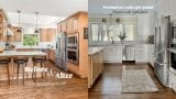 a before and after of a sustainable kitchen remodel using the existing cabinets and appliances