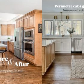a before and after of a sustainable kitchen remodel using the existing cabinets and appliances