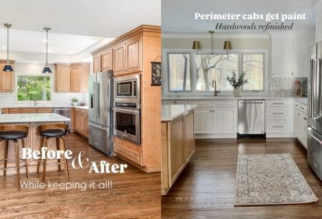 a before and after of a sustainable kitchen remodel using the existing cabinets and appliances