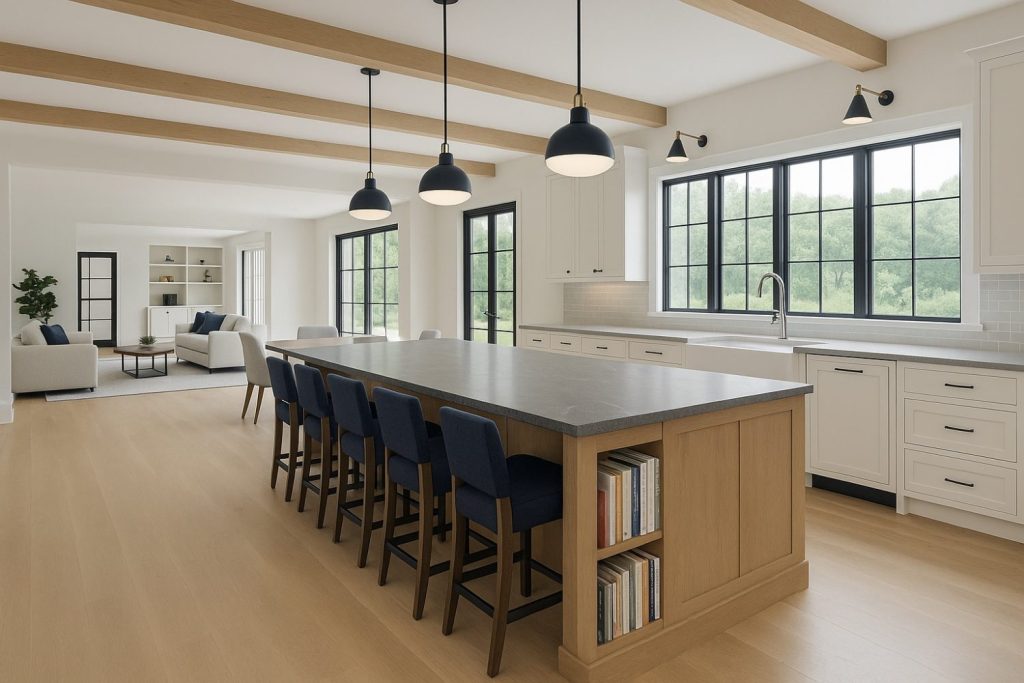 Open-concept modern kitchen design with a long oak island, seating for six, white shaker cabinets, black pendant lights, exposed wood ceiling beams, large black-framed windows, and integrated living space in a contemporary farmhouse-style layout.