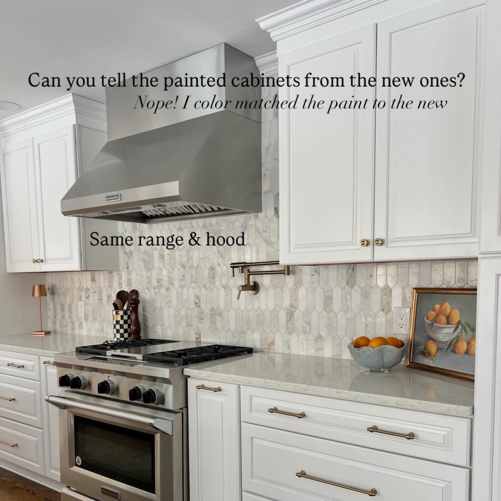 Kitchen remodel showing painted white cabinets perfectly color-matched to new cabinetry, with a stainless steel gas range, professional vent hood, quartz countertops, marble-look backsplash, and champagne bronze hardware in a luxury open-concept kitchen design.