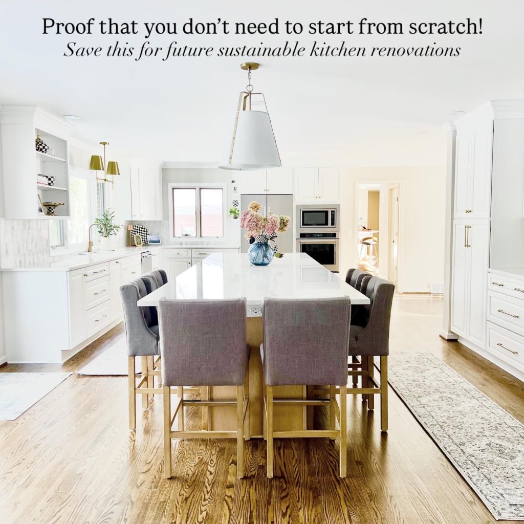 Bright open-concept kitchen remodel with a large quartz island seating six, white shaker cabinets, warm wood island base, brass pendant lighting, stainless steel appliances, and refinished oak hardwood floors, showcasing a sustainable luxury kitchen renovation.